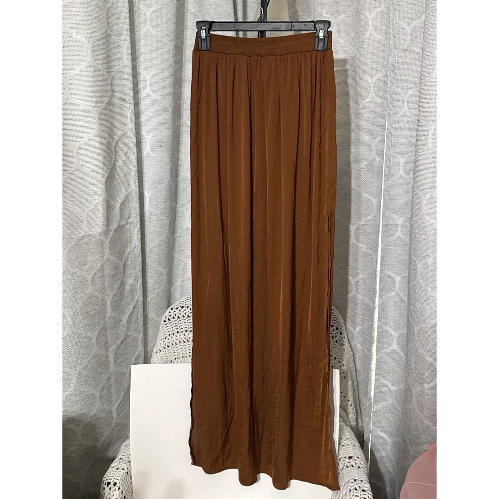 Forever 21 Brown Textured Satin Maxi Skirt Elastic Waist Side Slit Medium